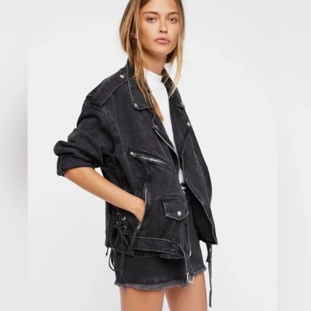 Free People Distressed Denim Moto Jacket